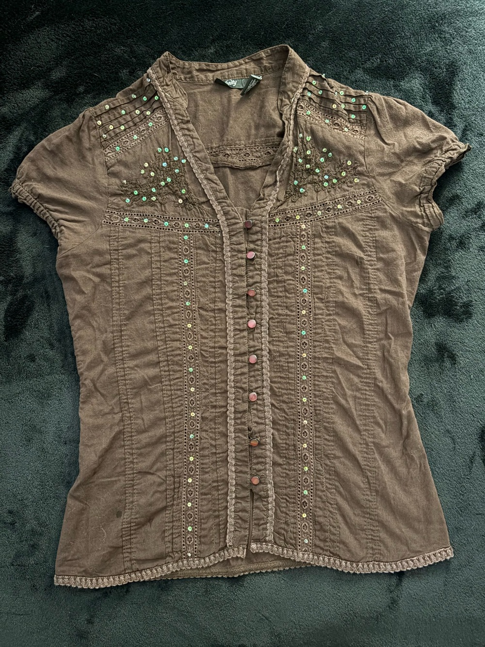 Vanity Brown Short-Sleeve Button-Down Blouse Top